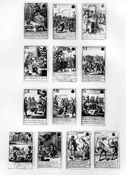 Spielkarten zur Erinnerung an den Spanischen Erbfolgekrieg, mit Szenen, die die französische Königsfamilie und den Hof satirisieren, ca. 1707